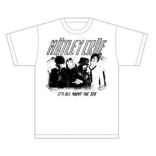 White t-shirt with black stencil graphic of Mötley Crüe band members.