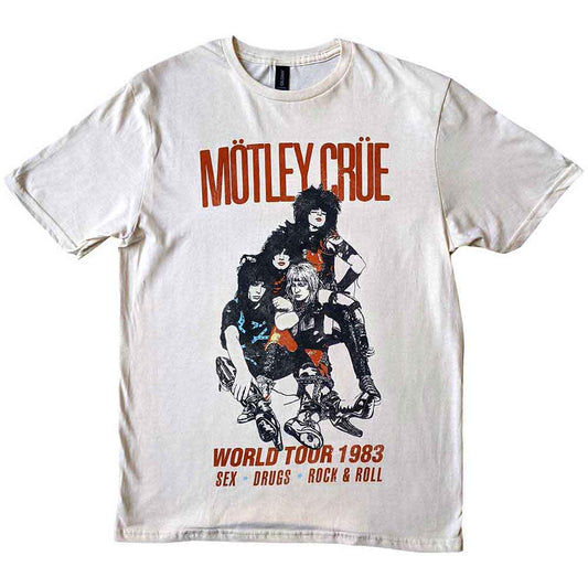 Mötley Crüe band graphic t-shirt, beige with black and orange print.