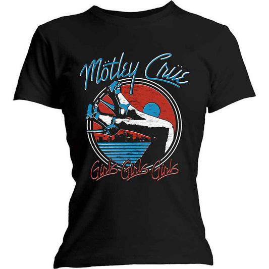 Black t-shirt with a blue and red graphic of Mötley Crüe logo.