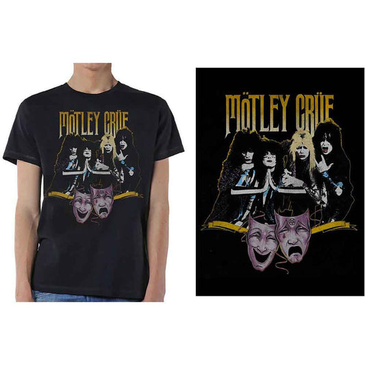 Black Motley Crue t-shirt featuring the band members and two theatrical masks.