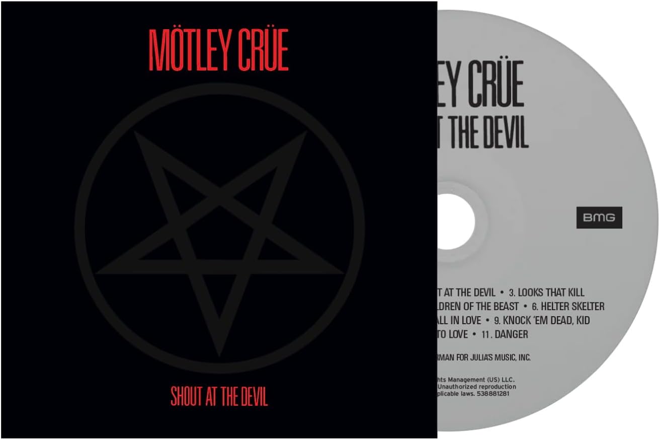 "Motley Crue CD case and disc with pentagram artwork and track listing."