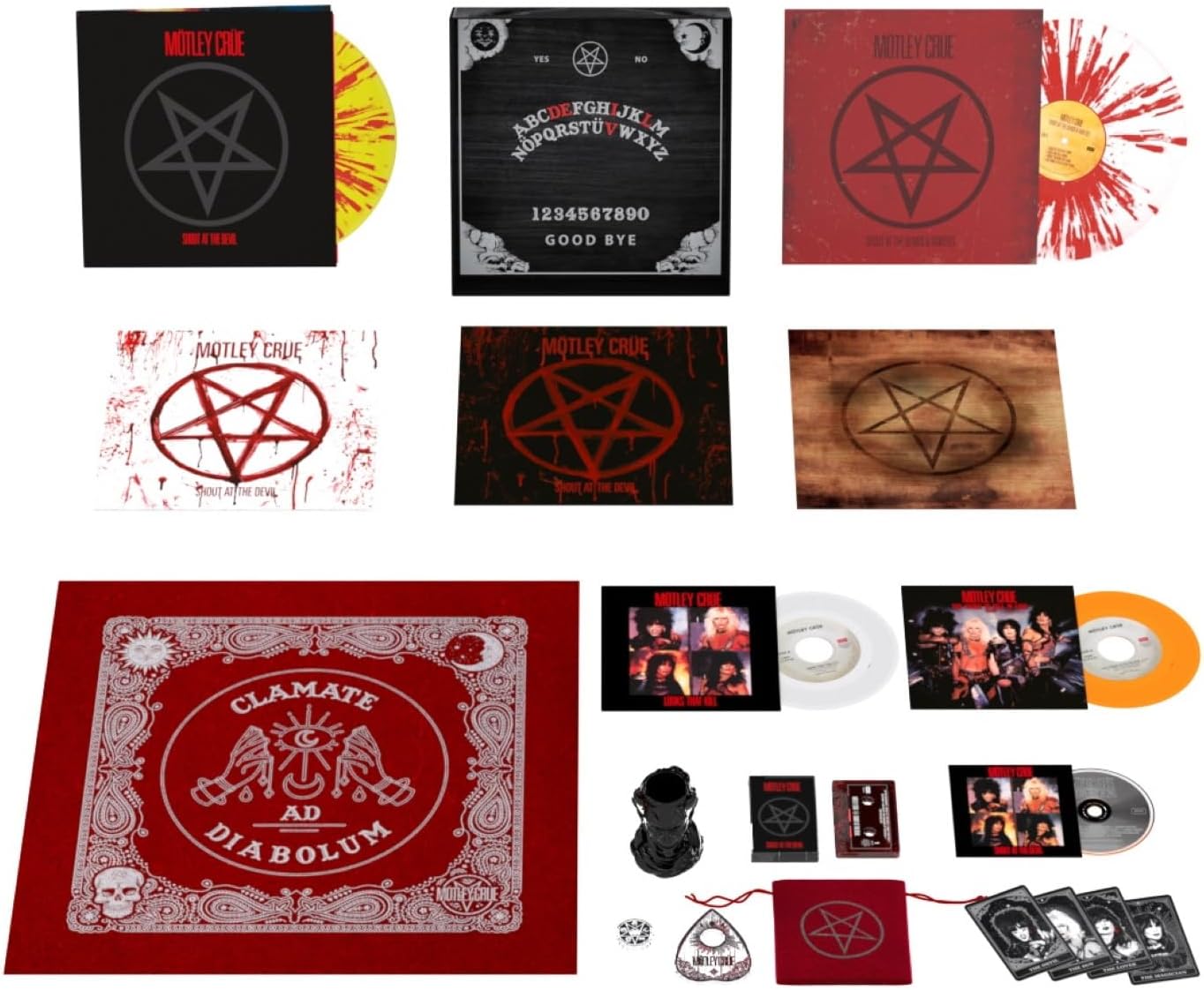 "Motley Crue vinyl boxset with various colored vinyl, CDs, bandana, and collectible items."