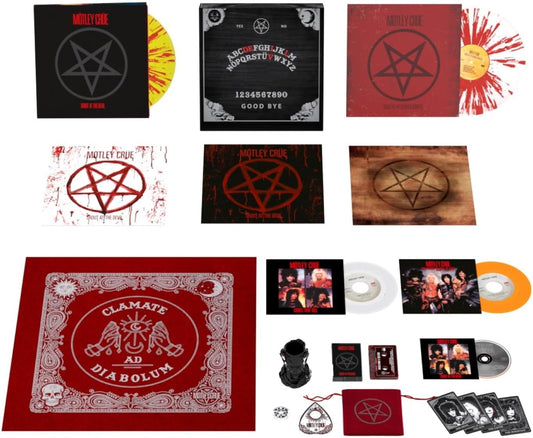 "Motley Crue vinyl boxset with various colored vinyl, CDs, bandana, and collectible items."