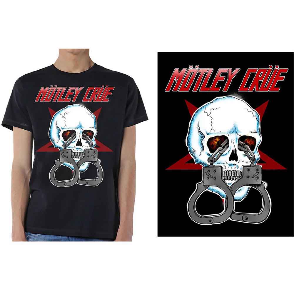 Black t-shirt with a skull and handcuffs graphic, worn by a man.