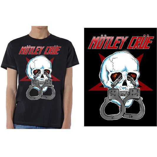 Black t-shirt with a skull and handcuffs graphic, worn by a man.