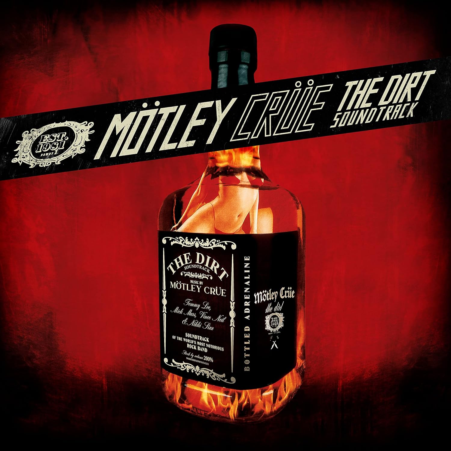 A bottle of whiskey against a red background with Mötley Crüe branding and flames.