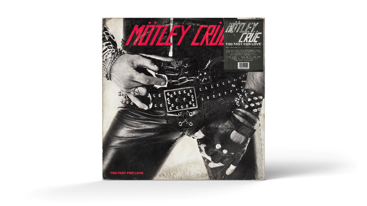 Mötley Crüe “Too Fast For Love” vinyl record cover with studded belt.