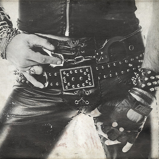 Black and white album cover featuring leather, chains, and a hand with a cigarette.