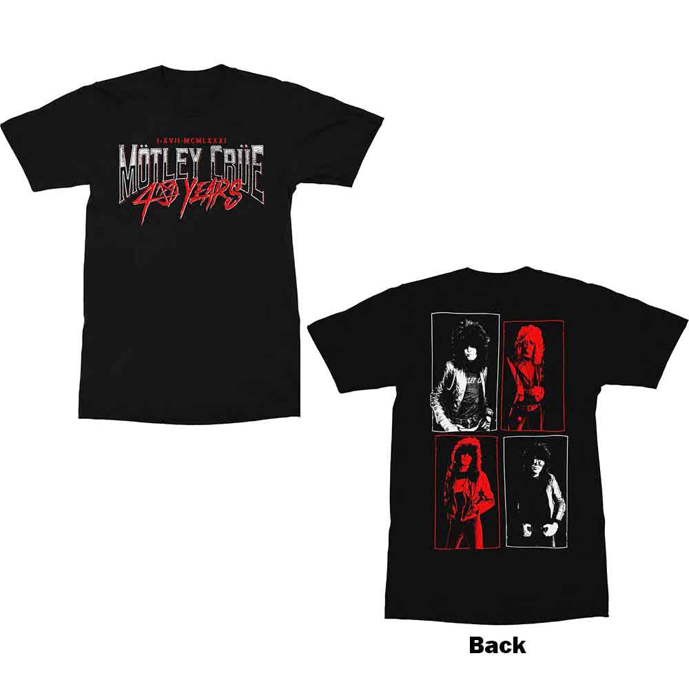 Black t-shirt with “Motley Crue 40 Years” back print design.