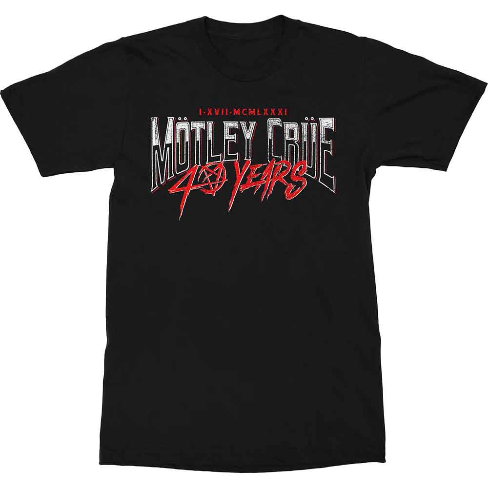 Black t-shirt with white Mötley Crüe logo and red 40 Years text graphic.