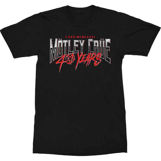 Black t-shirt with white Mötley Crüe logo and red 40 Years text graphic.