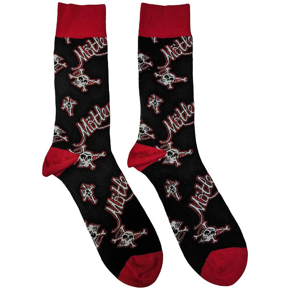 Black ankle socks featuring a repeating Motley Crue logo pattern in white and red.