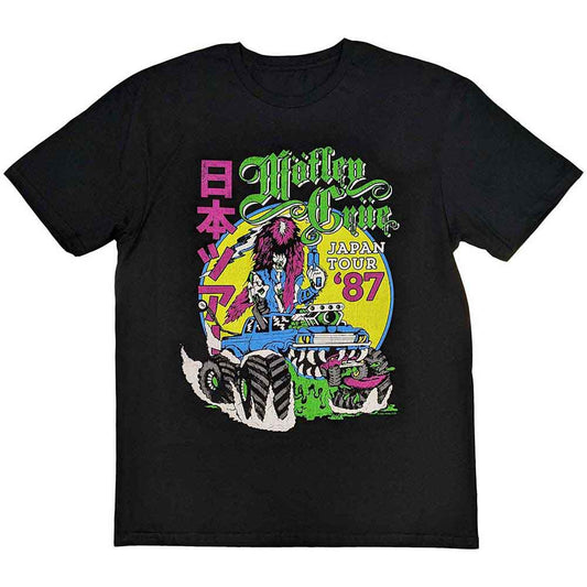 Black t-shirt featuring Motley Crue’s “Girls Girls Girls” Japanese tour 1987 artwork.