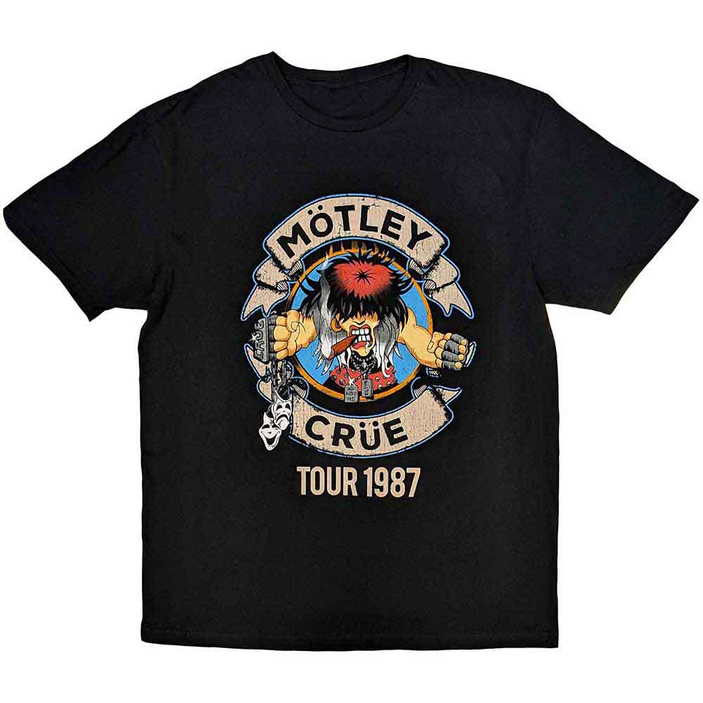 Black t-shirt featuring Motley Crue’s “Girls Girls Girls” 1987 tour artwork.