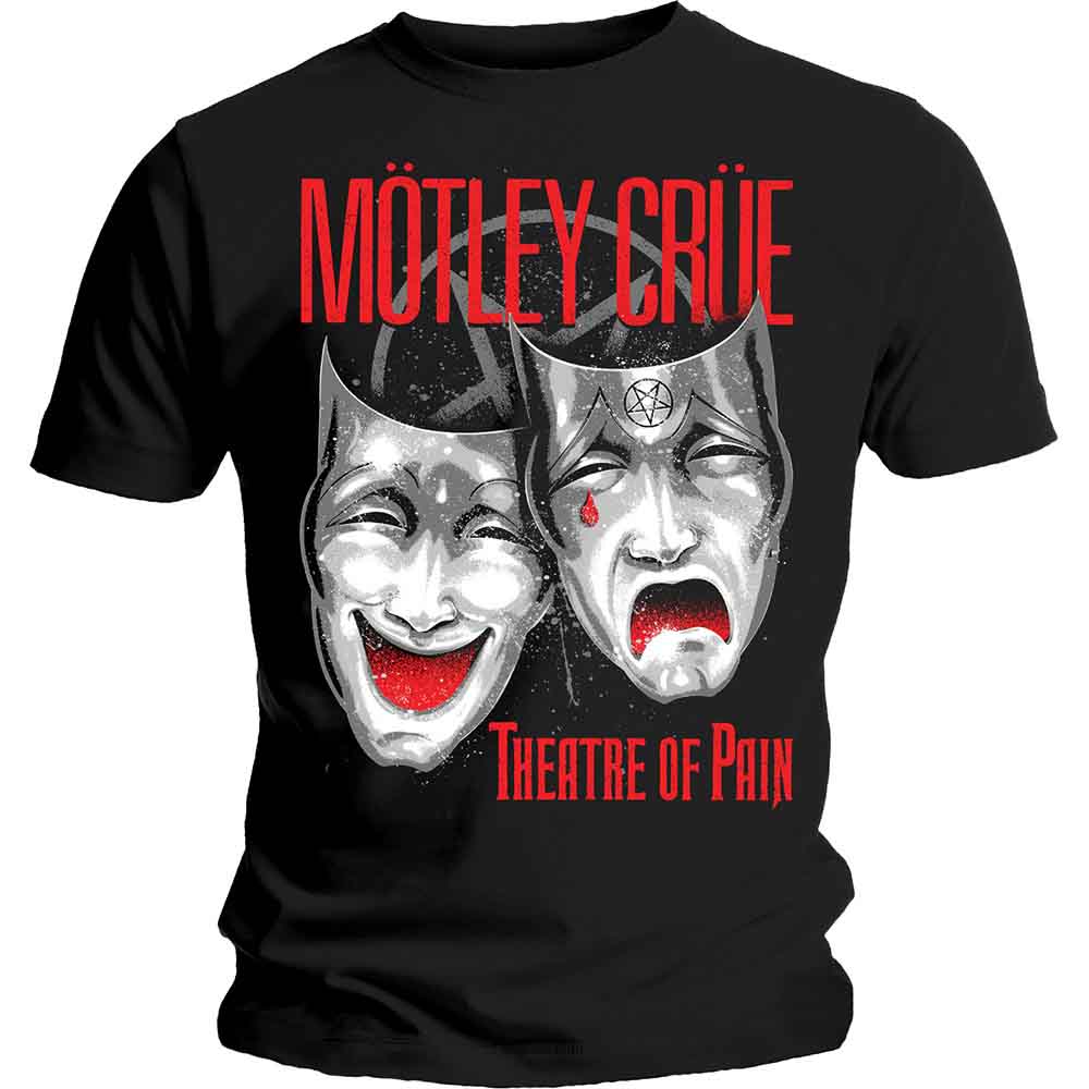 Black t-shirt with red and white Mötley Crüe “Theatre of Pain” graphic.