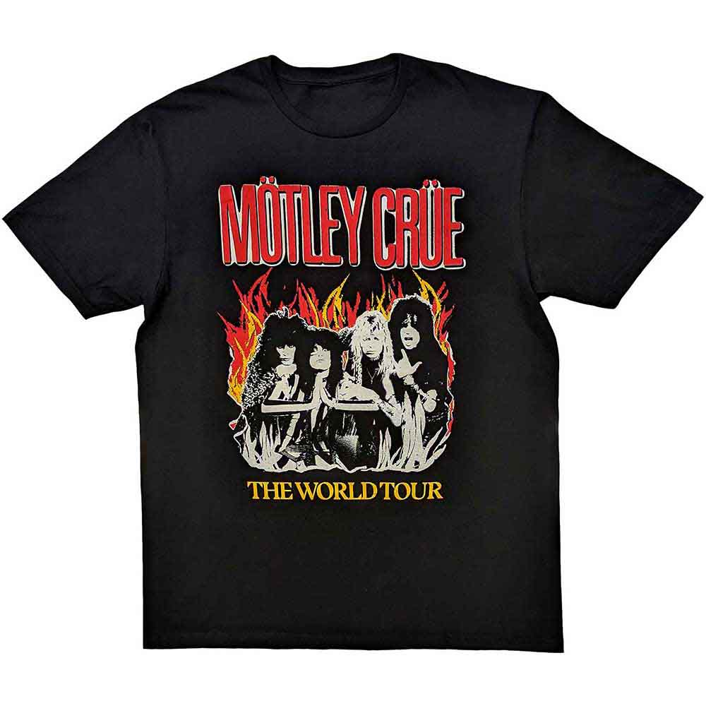 Black t-shirt with vintage Motley Crue world tour flame graphic, size XX-Large.