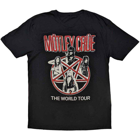 Black unisex t-shirt featuring a vintage Motley Crue world tour graphic print.