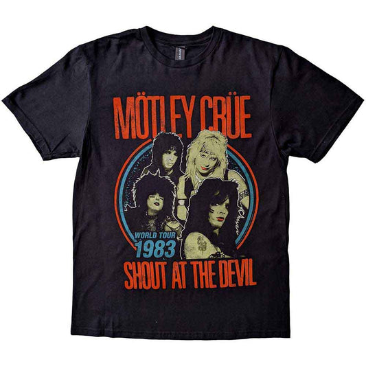 Black t-shirt with vintage Mötley Crüe band graphic and “Shout at the Devil” text.