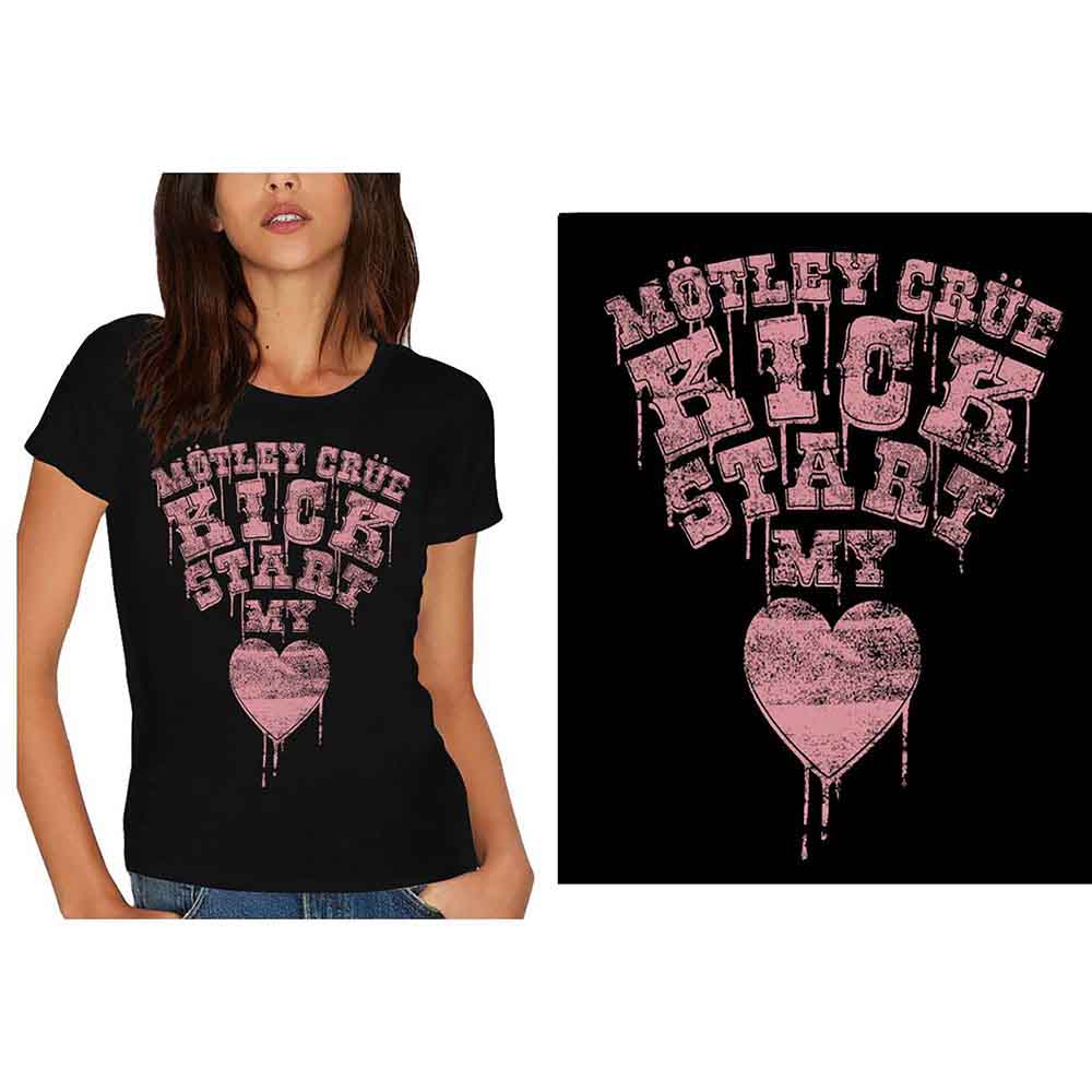 Black t-shirt with distressed pink and white Motley Crue graphic.