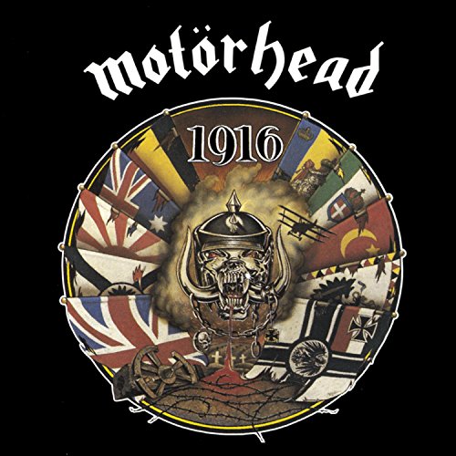 Motorhead album cover with skull in helmet and flags on black background.