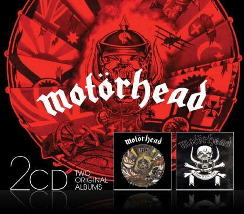 Image of Motorhead album covers on black background with red circle and skull.