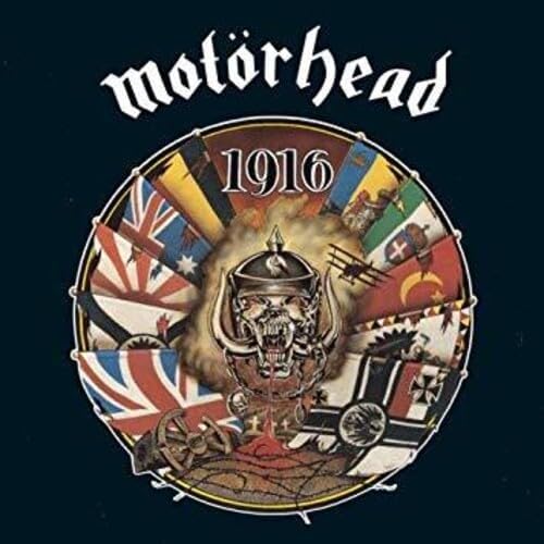 Motorhead’s “1916” album cover: a circular design with flags and a helmet.