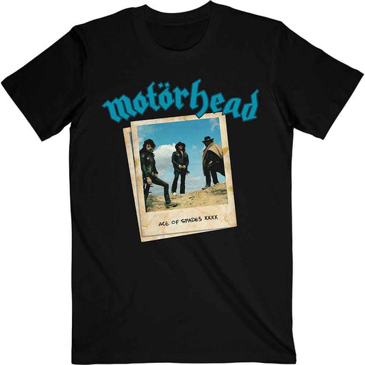 Black Motorhead t-shirt featuring a vintage photo of the band and blue logo.