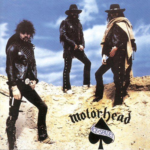 "Motörhead album cover featuring three men in black standing on a rocky hill."