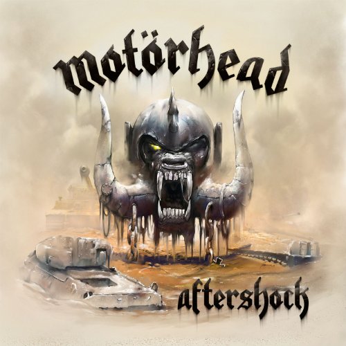"Motörhead album cover featuring a metal creature emerging from a tank wreckage."