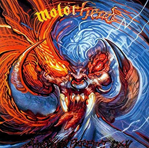 "Motörhead album cover art featuring a demon-like creature with sharp horns and teeth."