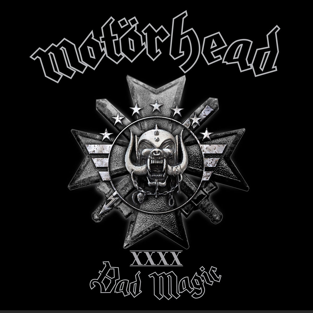 Motörhead “Bad Magic” CD cover with skull and starburst emblem.