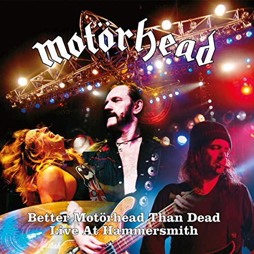 "Motörhead album cover with band performing on stage, colorful stage lights."