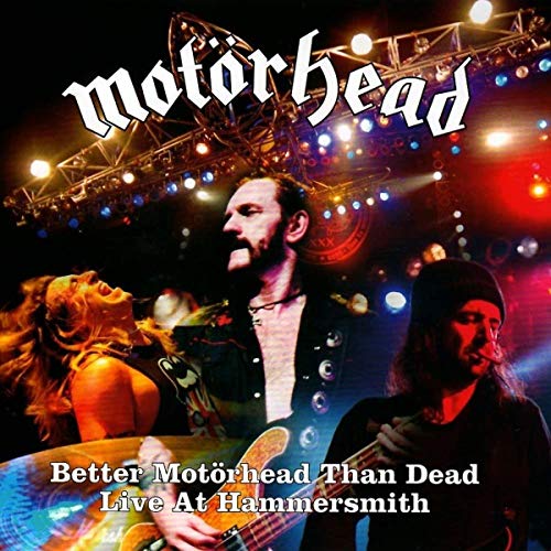 Motorhead live concert album cover with band members and stage lights.