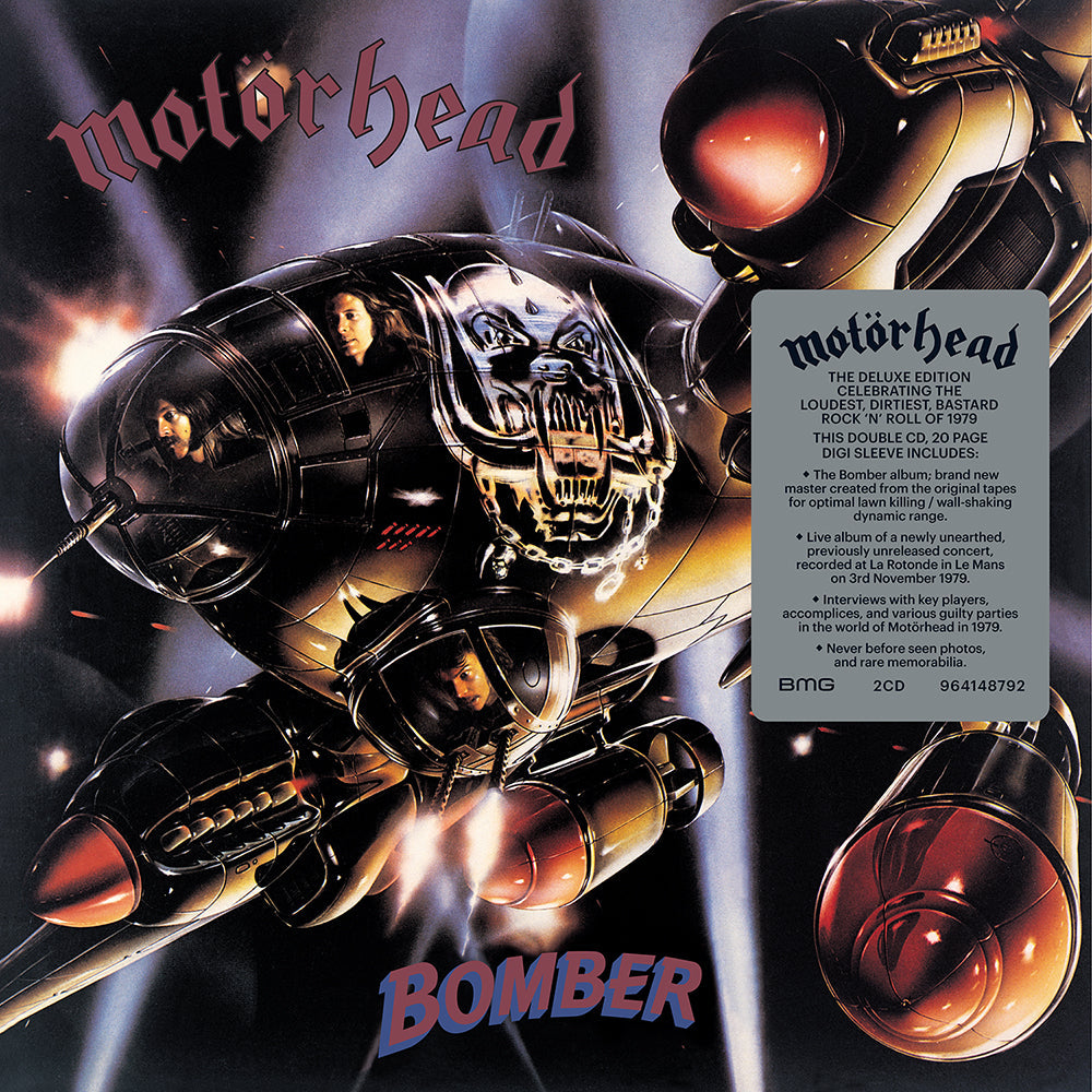 Motorhead Bomber album cover featuring a fighter plane with band members and a sticker.