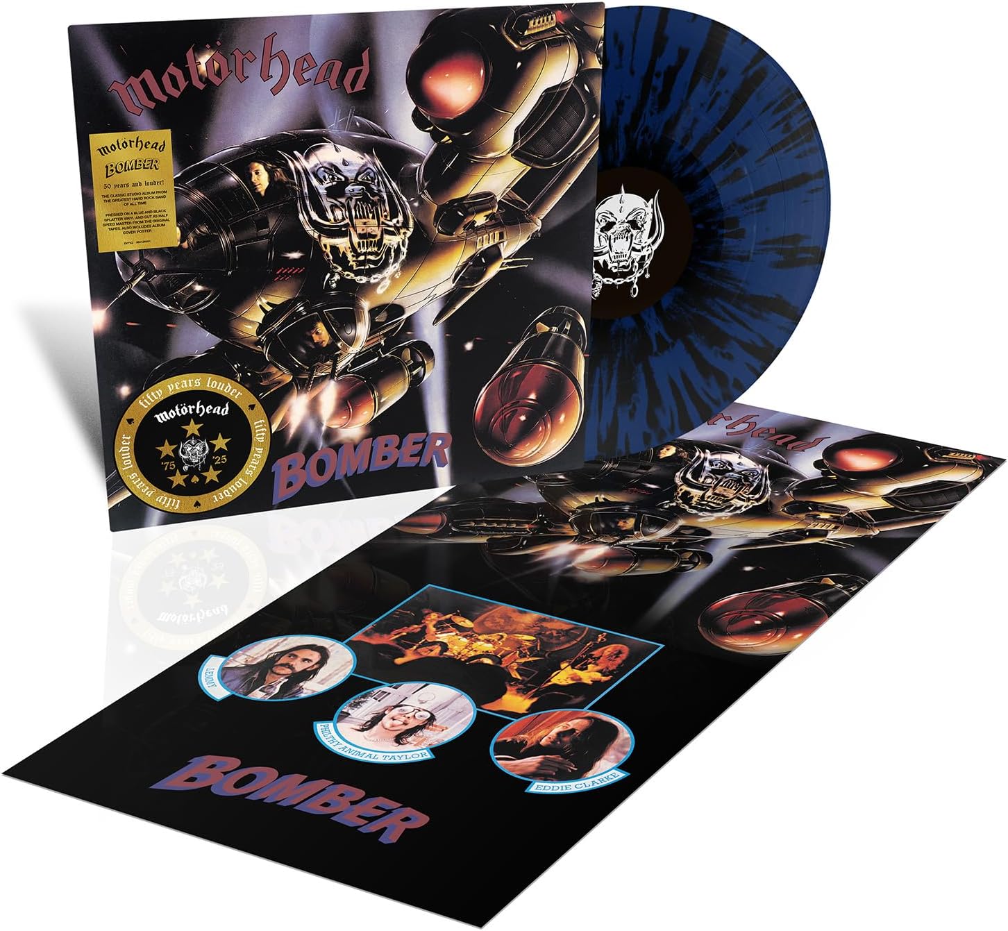 Motörhead Bomber vinyl record, album cover, blue and black splatter disc, and band poster.