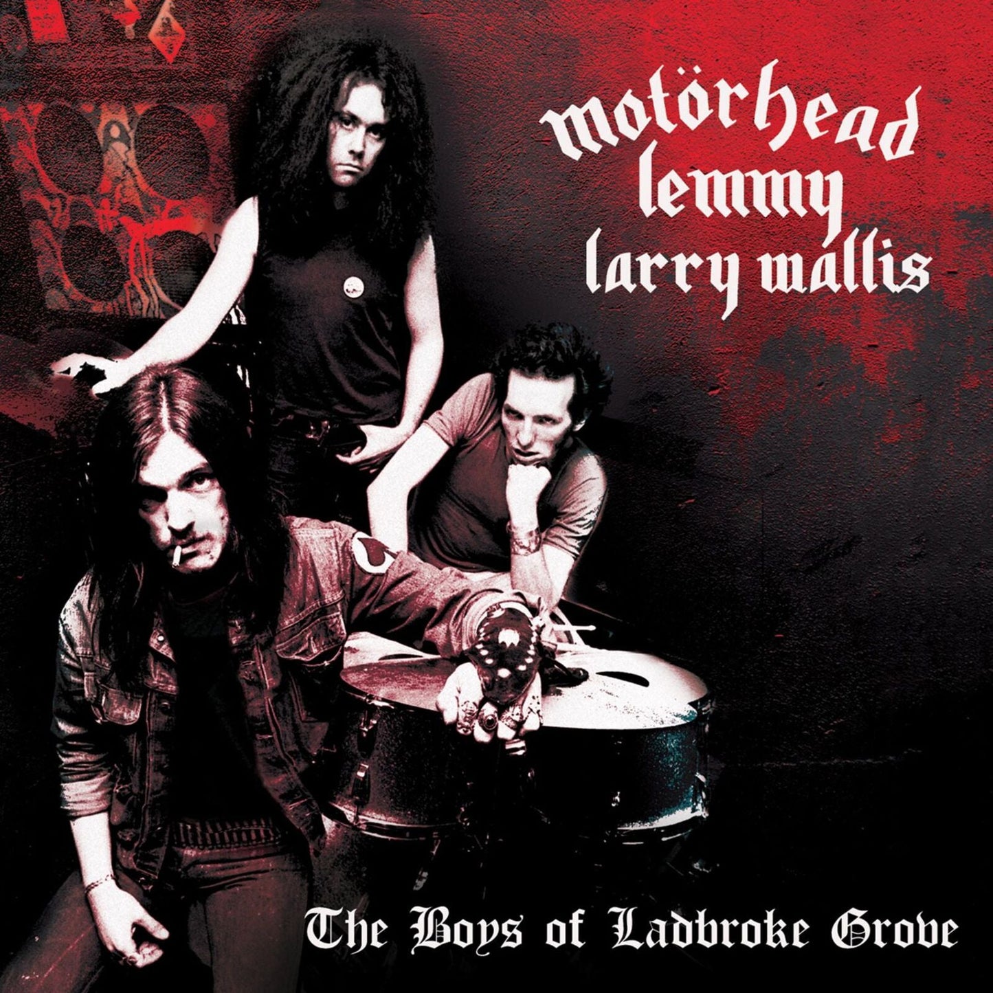 Album cover featuring Lemmy and Larry Wallis against a red and black background.