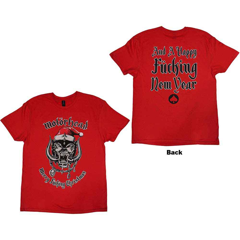 Red t-shirt with Motorhead logo wearing a Santa hat graphic.