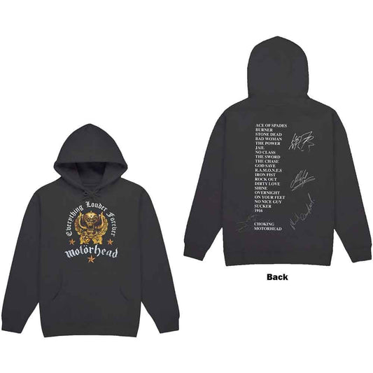 Charcoal hoodie with Motorhead logo and text on the front.