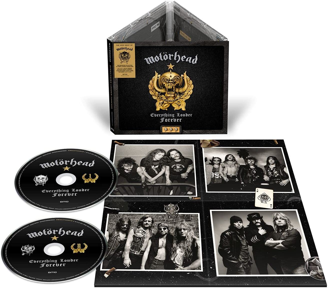 Motörhead Everything Louder Forever CD box set with two discs and band photo inserts.