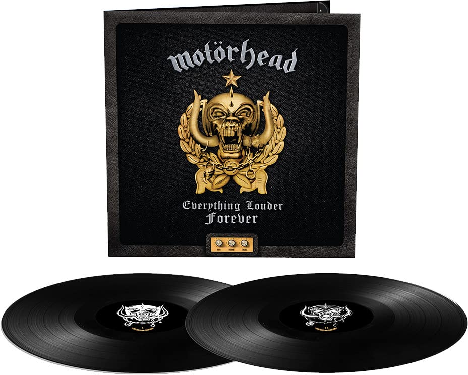 Motörhead vinyl album cover with a gold skull emblem and two black vinyl records.