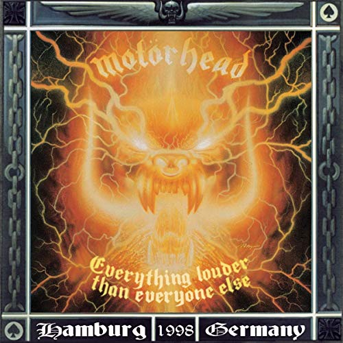 "Motörhead album cover with a glowing skull surrounded by lightning, metal frame."