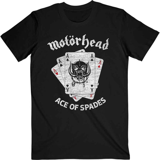 Black Motorhead t-shirt with skull and playing cards graphic.