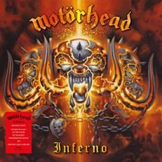 Motörhead album cover featuring a skull with horns and flames on a red background.