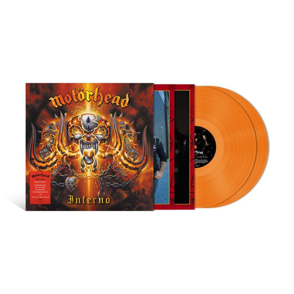 Motorhead's "Inferno" 2LP vinyl record with orange discs and cover art.