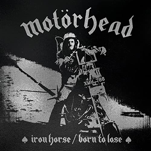Motorhead record cover: black and white image of a motorcyclist.