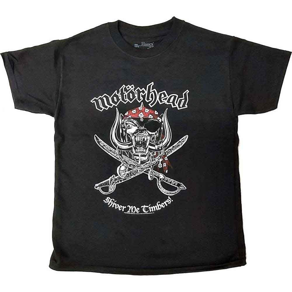 Black Motorhead t-shirt with "Shiver Me Timbers" design, sized for 12-13 year olds.