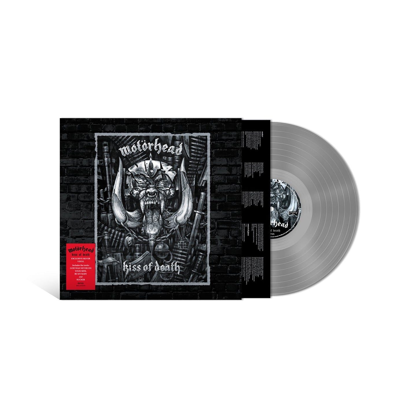 Motorhead Kiss of Death vinyl record with silver disc and black illustrated album cover.