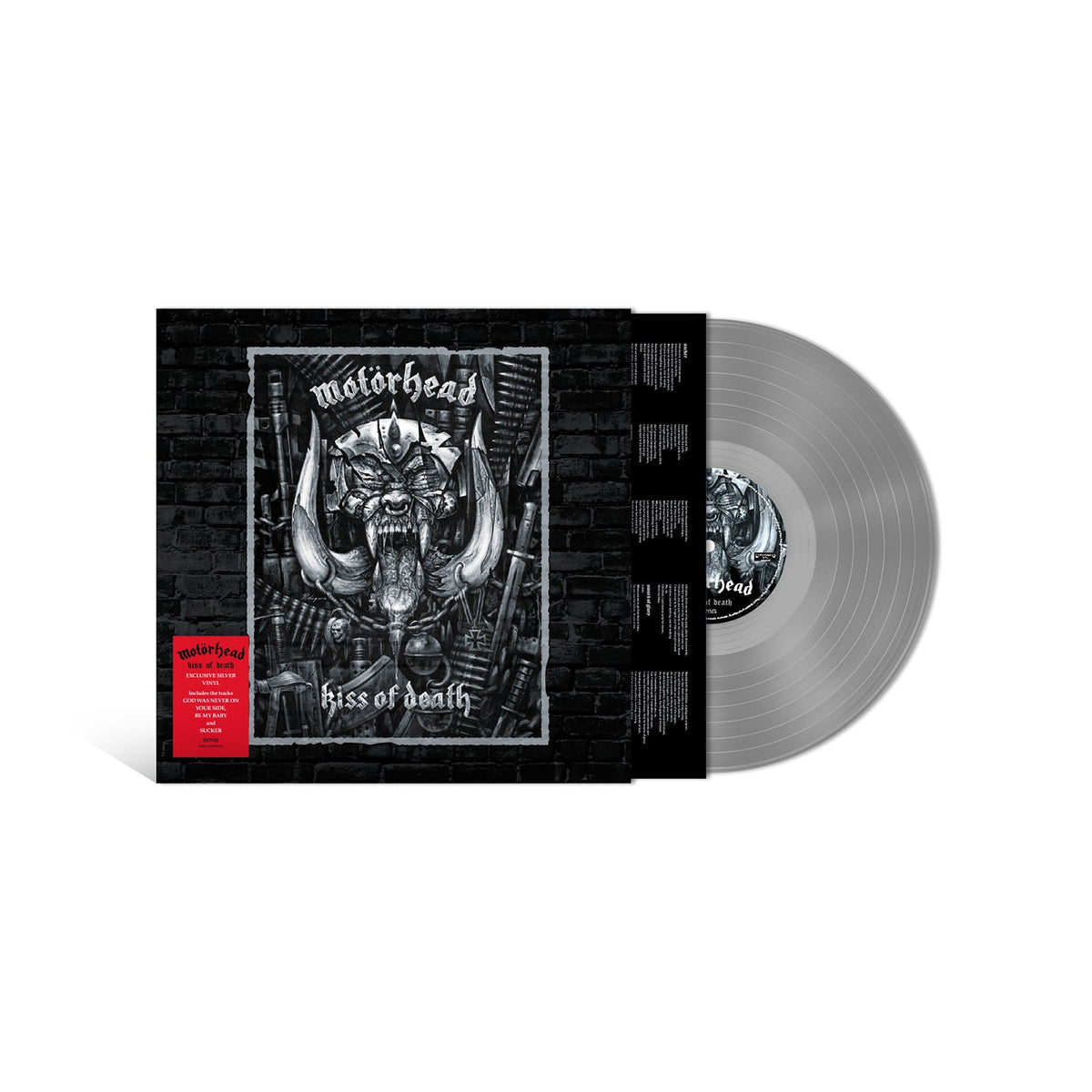 Motorhead Kiss of Death vinyl record with silver disc and black illustrated album cover.
