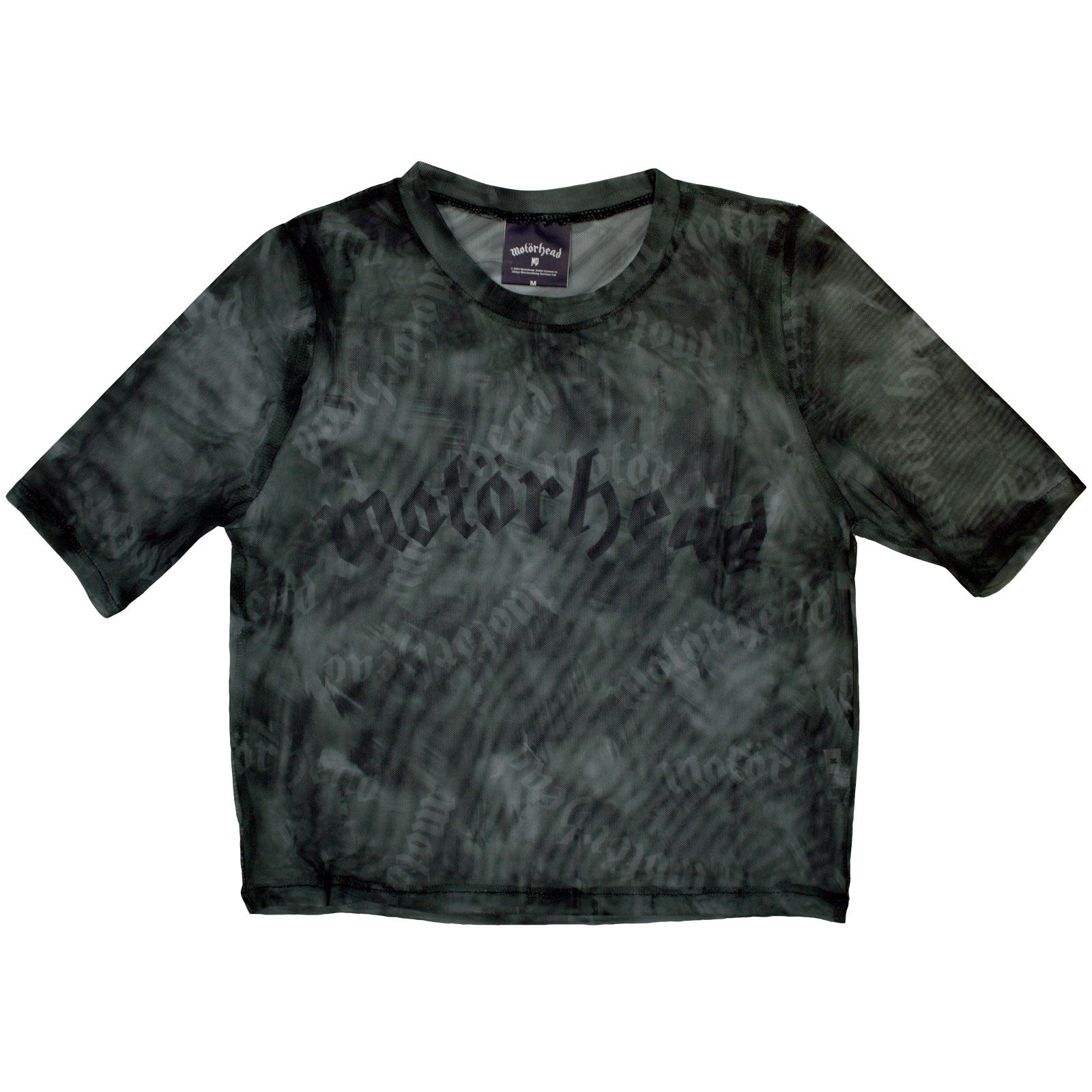 Black mesh crop top with white Motorhead logo, size X-Small.