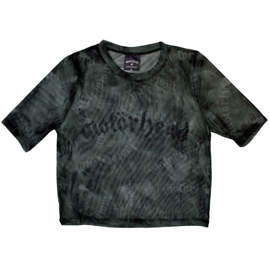 Black mesh crop top with white Motorhead logo, size X-Small.